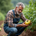 Homme jardinier examinant une feuille de tomate jaune