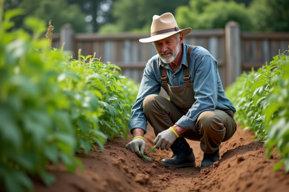 Homme d'âge moyen dans un jardin de légumes en train de s'occuper de tomates