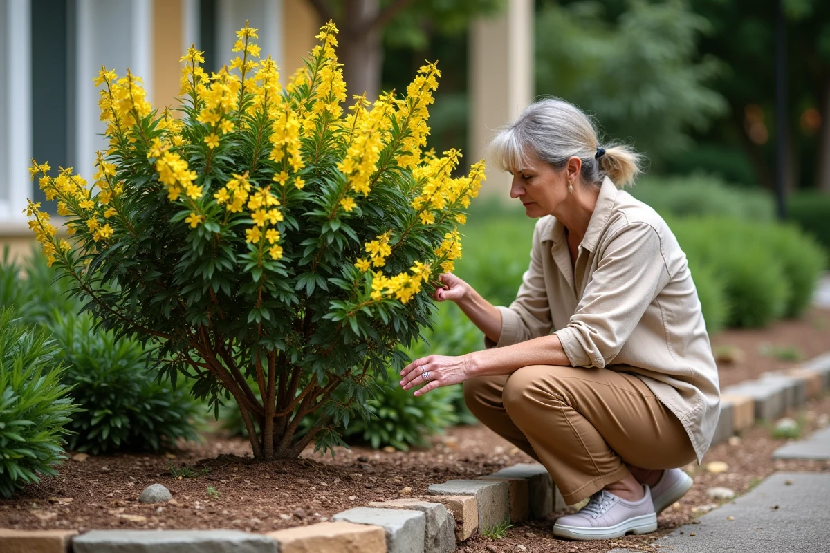 Femme inspectant un laurier rose au jardin avec des feuilles jaunes et un sol sec autour des racines