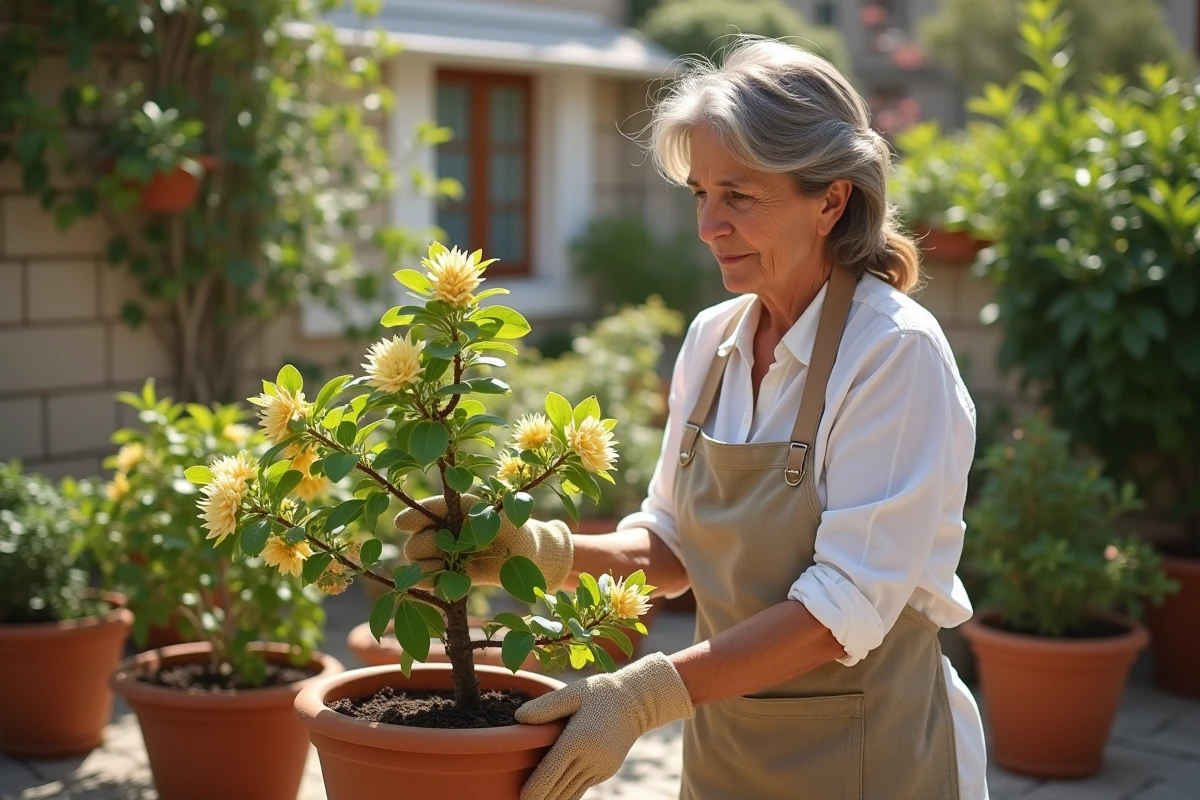 Jardinière inspectant un laurier rose en pot avec des feuilles jaunies et des taches marron sur une terrasse