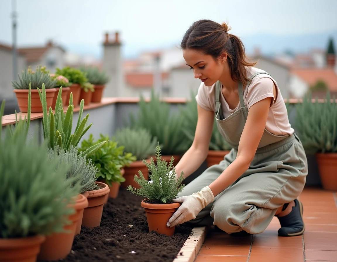 Femme jardinière en tablier de lin plantant un parterre méditerranéen sur une terrasse urbaine avec des pots en terre cuite et des plantes aromatiques