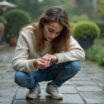 Jeune femme observant un insecte sur ses doigts après la pluie