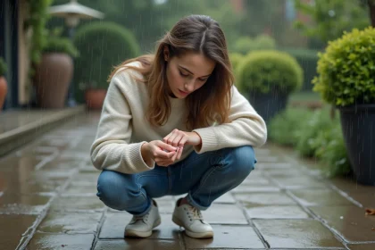 Jeune femme observant un insecte sur ses doigts après la pluie