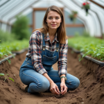 Femme en salopette dans une serre en train de planter