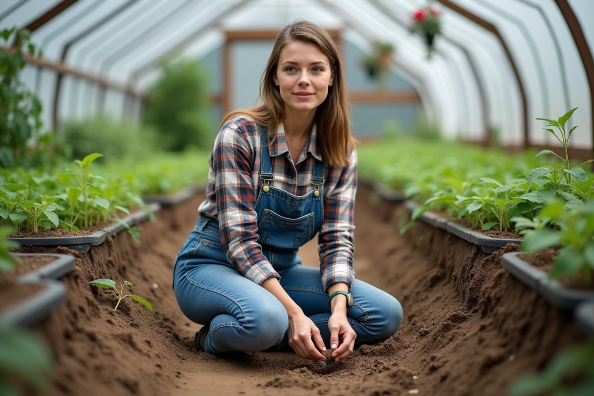 Femme en salopette dans une serre en train de planter