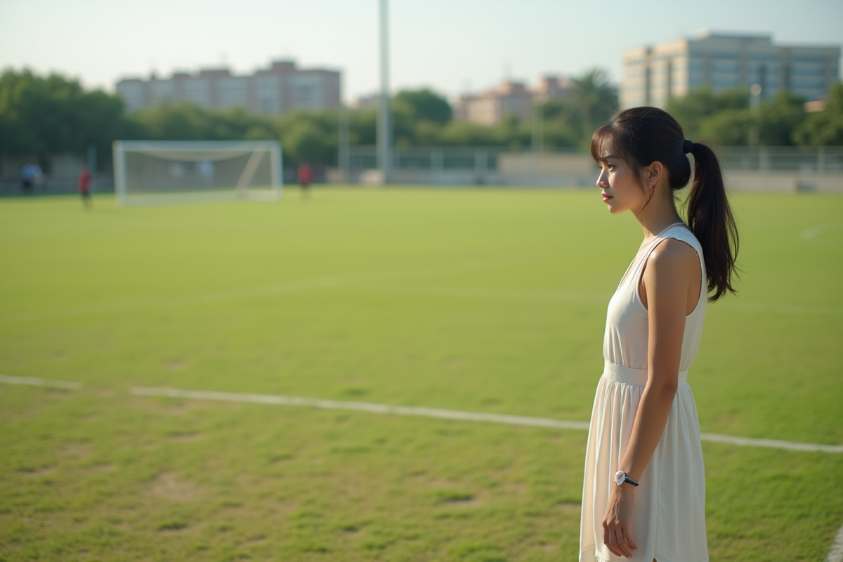 Jeune femme inspecte un terrain de sport en été
