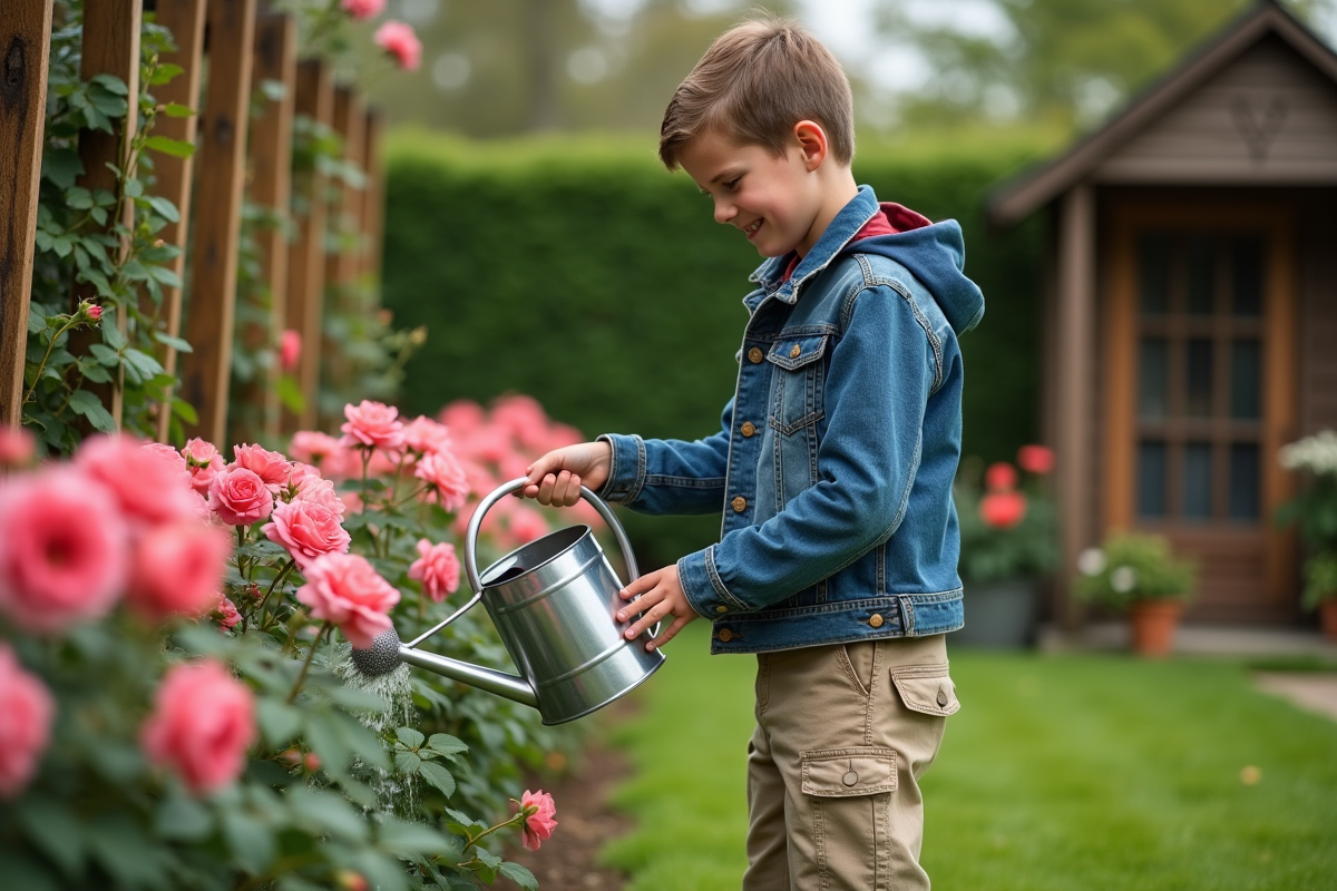 Jeune garçon en denim arrosant des rosiers dans le jardin