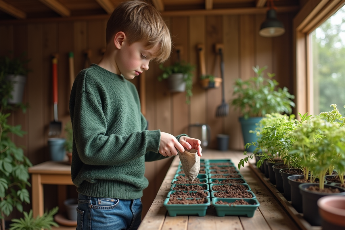 Garçon semant des graines de carottes dans un atelier intérieur