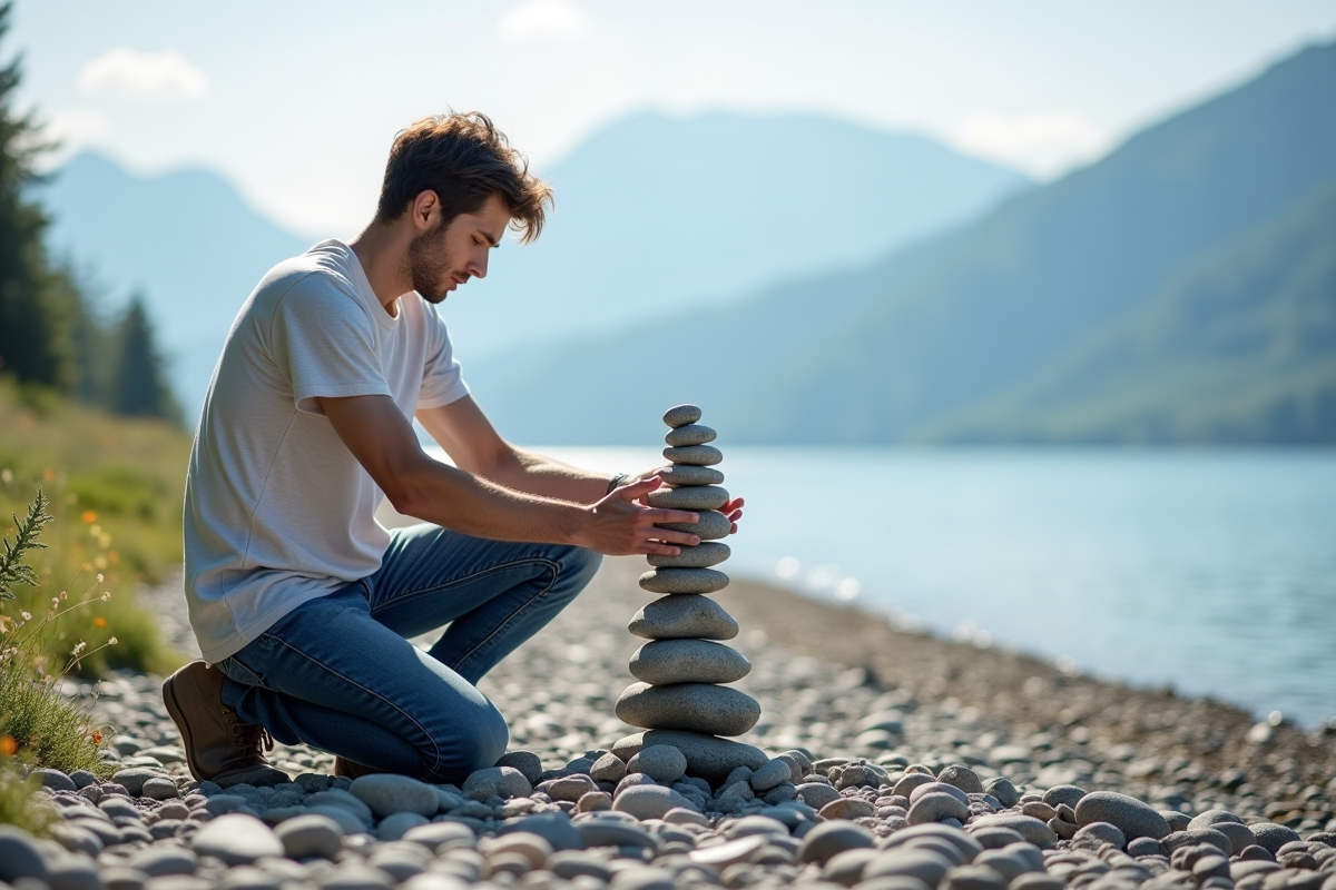 Jeune homme construisant un cairn au bord du lac