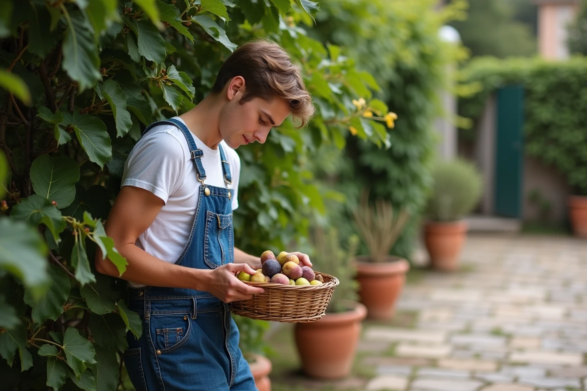 Jeune homme triant des figues dans le jardin