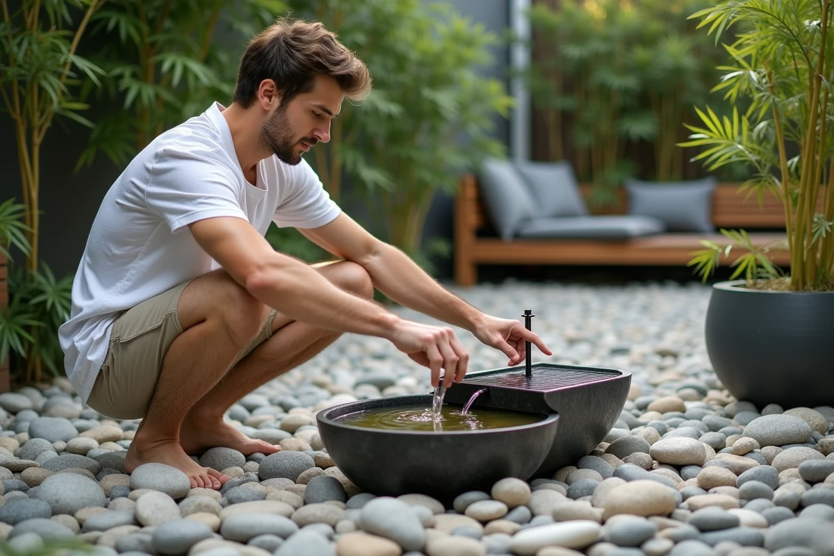 Jeune homme ajustant une fontaine en bambou dans un jardin