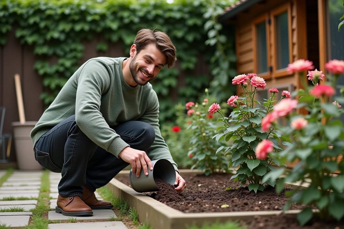 Jeune homme verse compost dans un jardin urbain