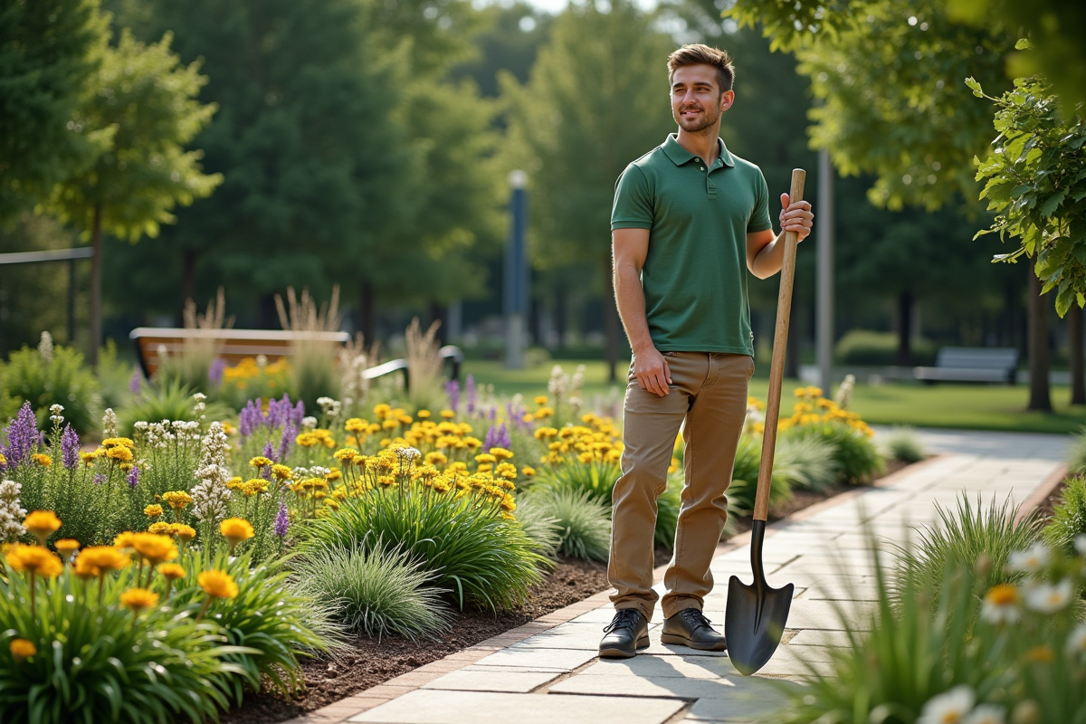 Jeune homme avec pelle dans un parc urbain fleuri