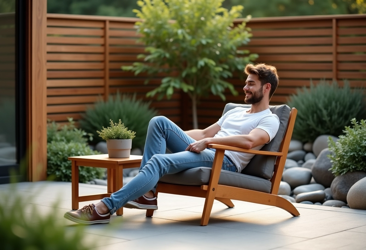 Jeune homme détendu dans un fauteuil en bois dans le jardin