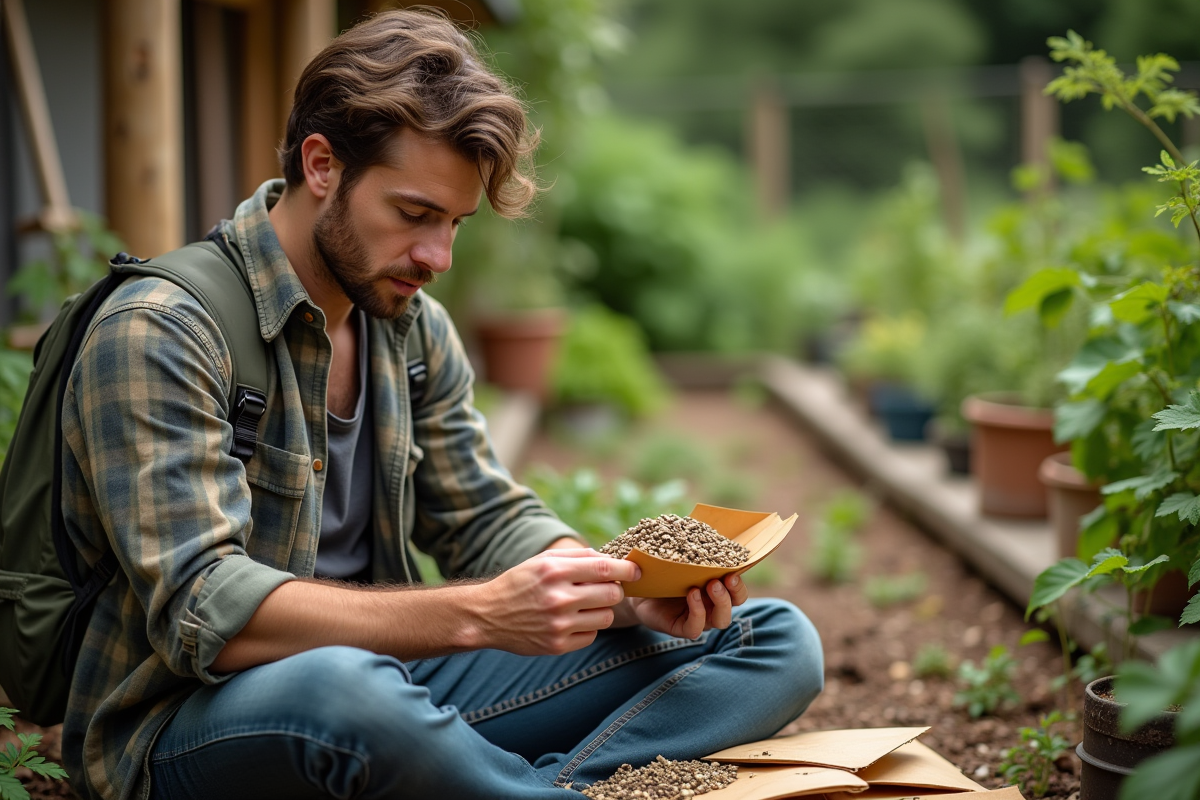 Jeune homme inspectant des graines dans un jardin