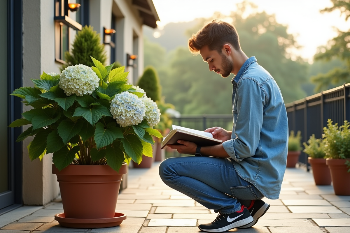 Jeune homme inspectant un hydrangea en pot sur la terrasse