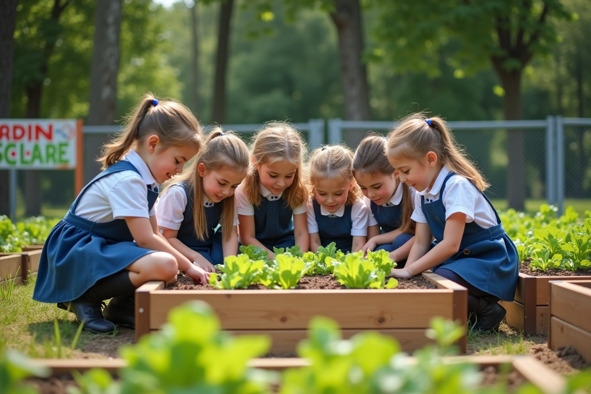 Enfants d ecole plantant des jeunes laitues dans le jardin