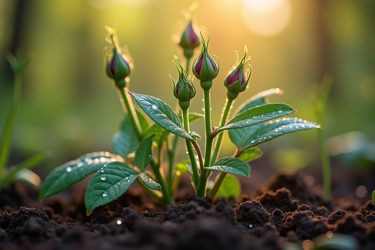 Gros plan sur jeunes pousses de rosier et gouttes de rosée