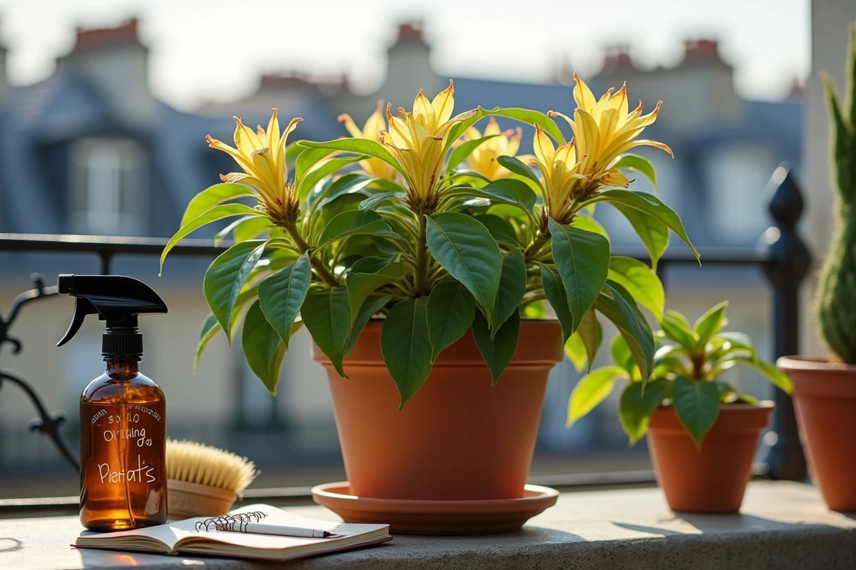 Laurier rose en pot avec dégâts de pucerons et produits de traitement bio sur balcon parisien