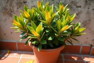 Laurier rose en pot avec feuilles jaunissantes sur une terrasse en carrelage terracotta