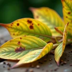 Feuilles de laurier rose présentant des taches marron et un jaunissement caractéristique sur fond de jardin