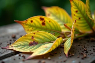 Feuilles de laurier rose présentant des taches marron et un jaunissement caractéristique sur fond de jardin