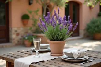 Pot de lavande en fleur posé sur une table de jardin en bois pour repousser les mouches naturellement