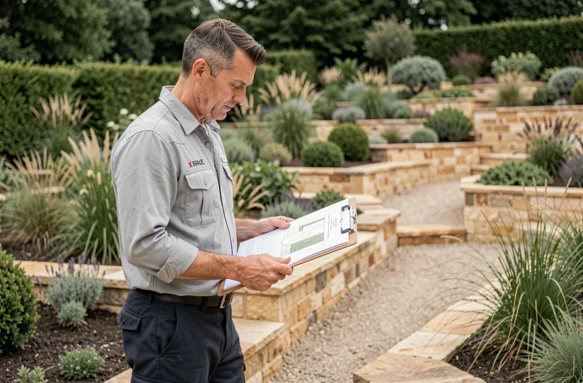 Paysagiste concepteur de Lepetit Paysages examinant des plans d'aménagement devant un jardin paysager à Gradignan