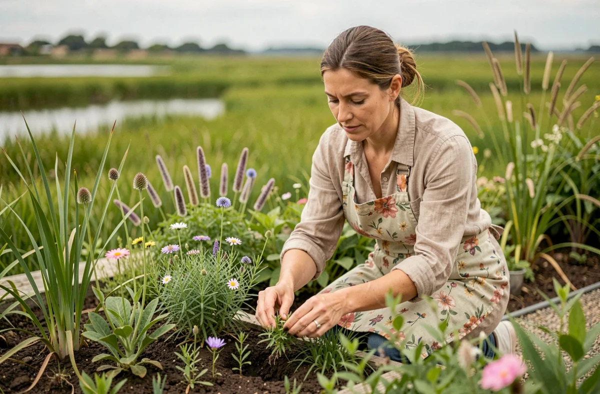Horticultrice des Iles Fleuries plantant des fleurs aquatiques dans un jardin naturel au Teich près du Bassin d'Arcachon
