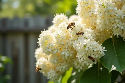 Lilas du Japon en fleurs avec des abeilles butineuses récoltant le nectar sur les panicules blanches