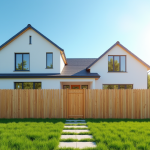 Maison moderne avec clôture en bois sous un ciel bleu