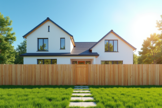 Maison moderne avec clôture en bois sous un ciel bleu