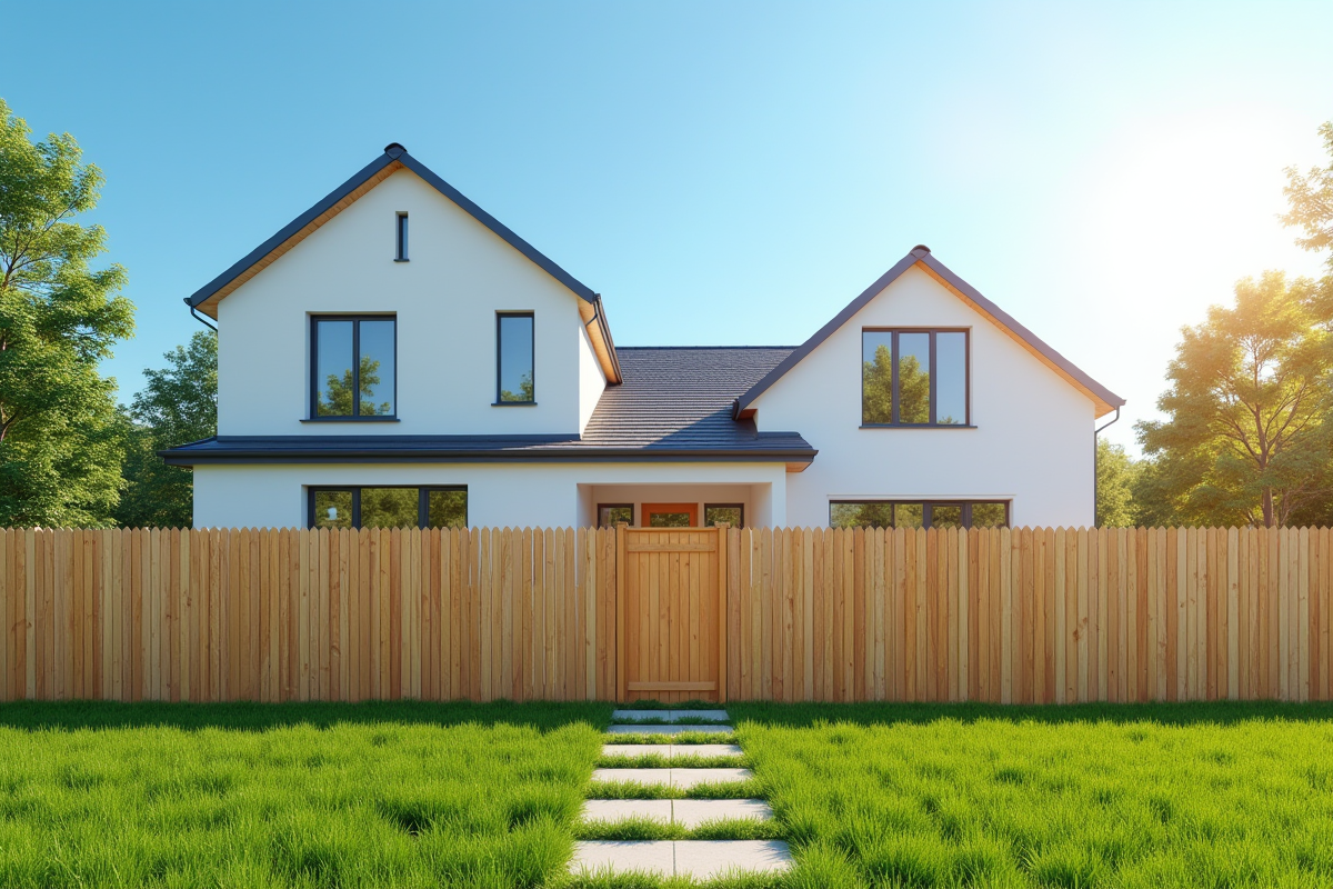 Maison moderne avec clôture en bois sous un ciel bleu