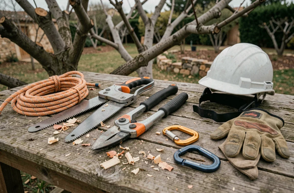 Matériel professionnel d'élagage disposé sur un établi en bois, incluant scie, cordes et équipements de sécurité pour élagueur