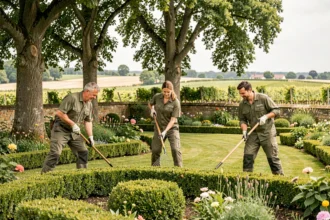 Équipe de paysagistes professionnels entretenant un jardin verdoyant en Gironde avec haies taillées et pelouse soignée
