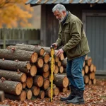 Homme mesurant un stère de bois de chauffage empilé dans une cour de ferme avec un mètre ruban