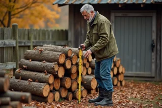 Homme mesurant un stère de bois de chauffage empilé dans une cour de ferme avec un mètre ruban