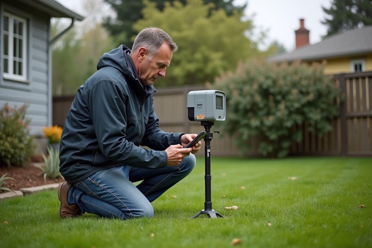 Meteo homme en jardin installant station météo