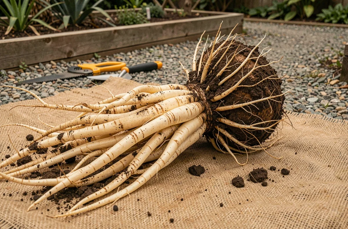 Motte racinaire d'un yucca adulte extraite du sol, racine pivotante épaisse visible sur une toile de jute prête pour le déplacement