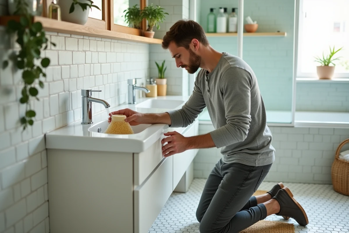 Homme nettoyant sa salle de bain avec des produits ménagers écologiques et des éponges compostables