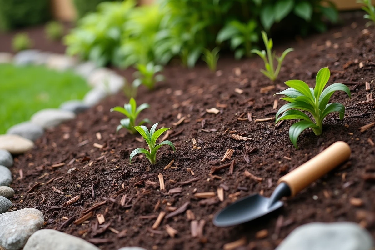Paillis de copeaux de bois sur un talus de jardin pour maintenir l'humidité et réduire l'érosion