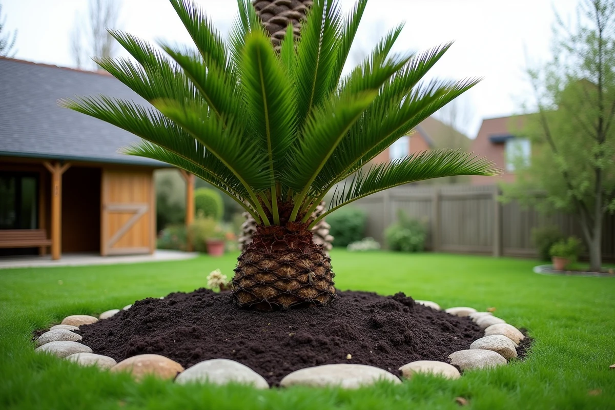 Palmier Trachycarpus en pleine terre avec un anneau d'engrais compost répandu autour de sa base dans un jardin français