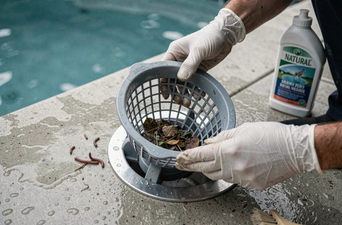 Panier de skimmer de piscine contenant des débris organiques et vers, solution de traitement naturel posée à côté