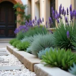 Parterre méditerranéen géométrique dans une courette urbaine avec lavande, romarin et gravier blanc entre des pavés en pierre calcaire