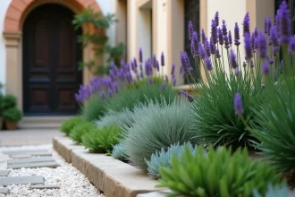 Parterre méditerranéen géométrique dans une courette urbaine avec lavande, romarin et gravier blanc entre des pavés en pierre calcaire