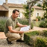 Paysagiste professionnel examinant des plans dans un jardin bordelais avec maison en pierre girondine