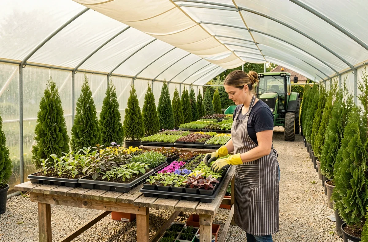 Les Pépinières Jamet à Évrecy en Calvados avec des tunnels de serres et une jardinière arrangeant des jeunes plants colorés sur des tables de culture en bois