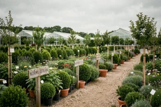 Vue panoramique d'une pépinière normande avec des rangées de plantes en pot, des arbustes et des jeunes arbres sous un ciel nuageux typique de Normandie