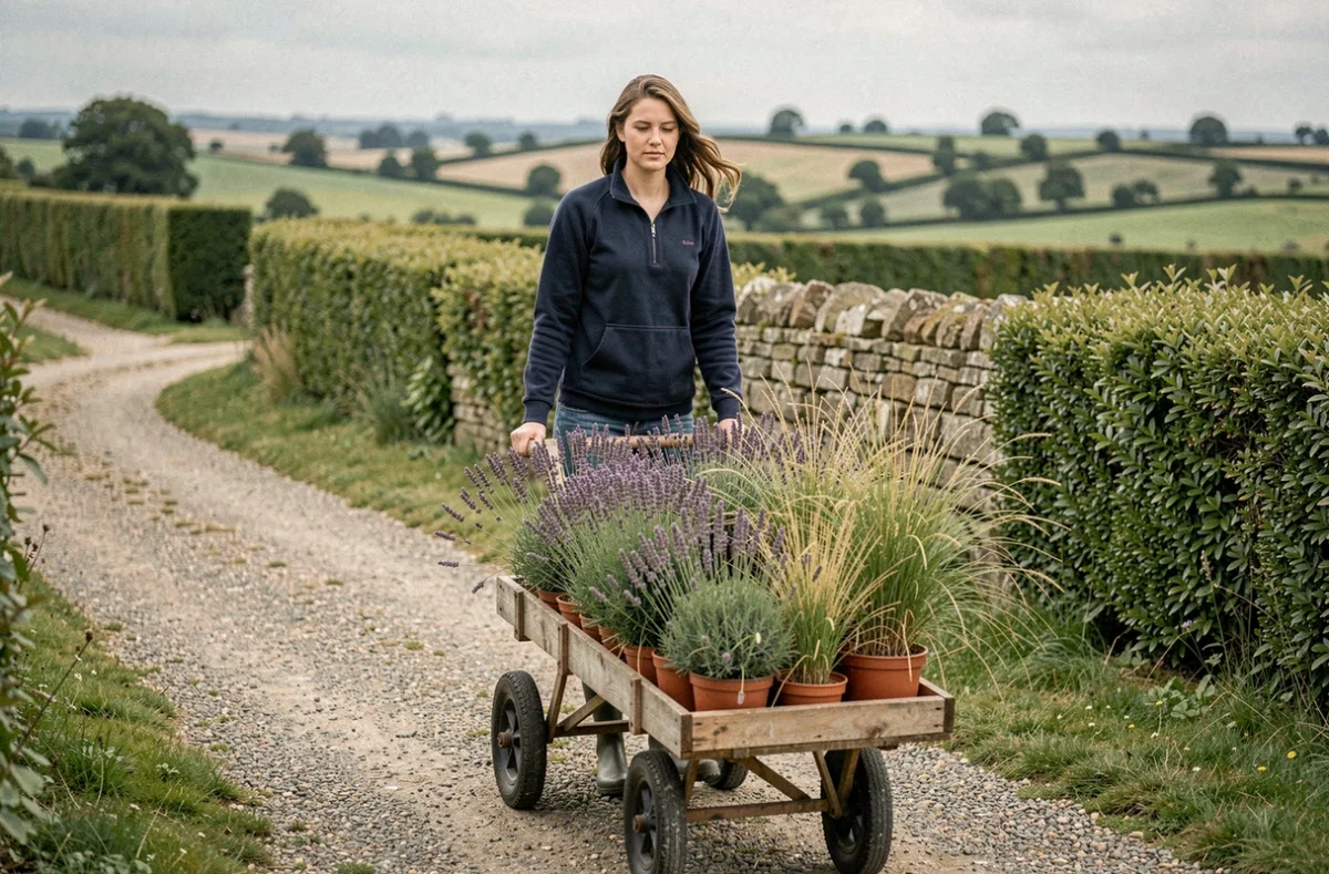 Les Pépinières et Paysages d'Elle à Villiers-Fossard dans la Manche, une jardinière transportant des plantes en pot dans un cadre de bocage normand