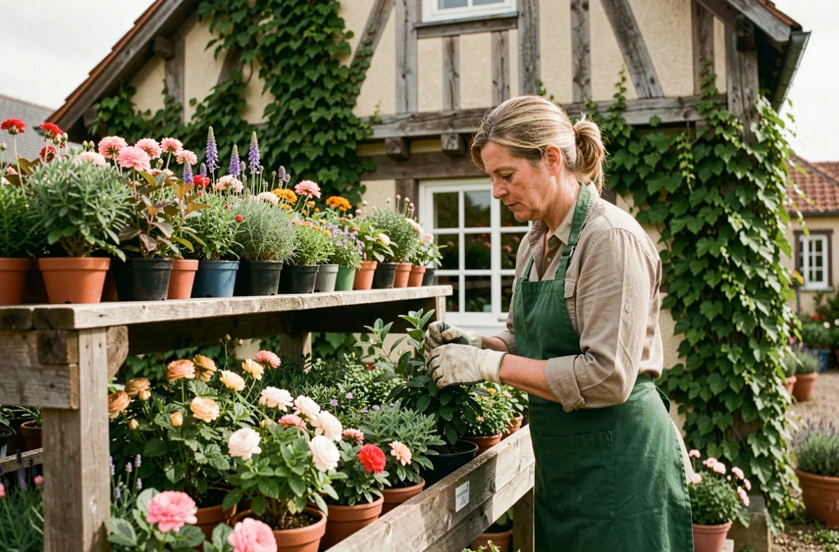 Une employée des Pépinières Ramette à Lisieux en Calvados s'occupant de plantes fleuries sur des étagères en bois devant une bâtisse normande à colombages